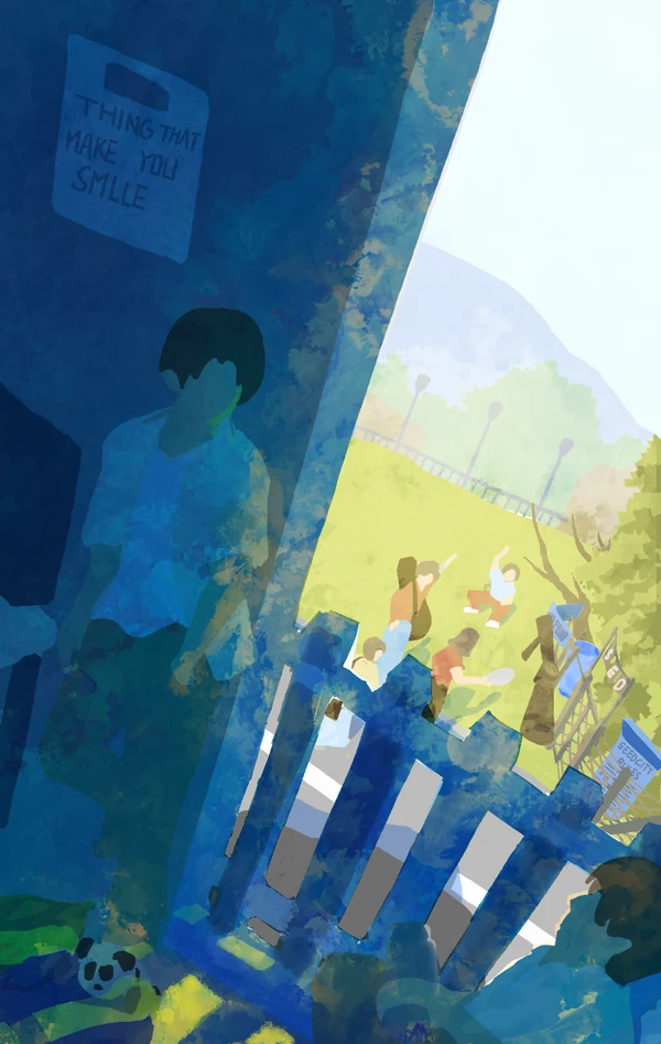 Blue and yellow painting of figures gathering beside a sunlit building.