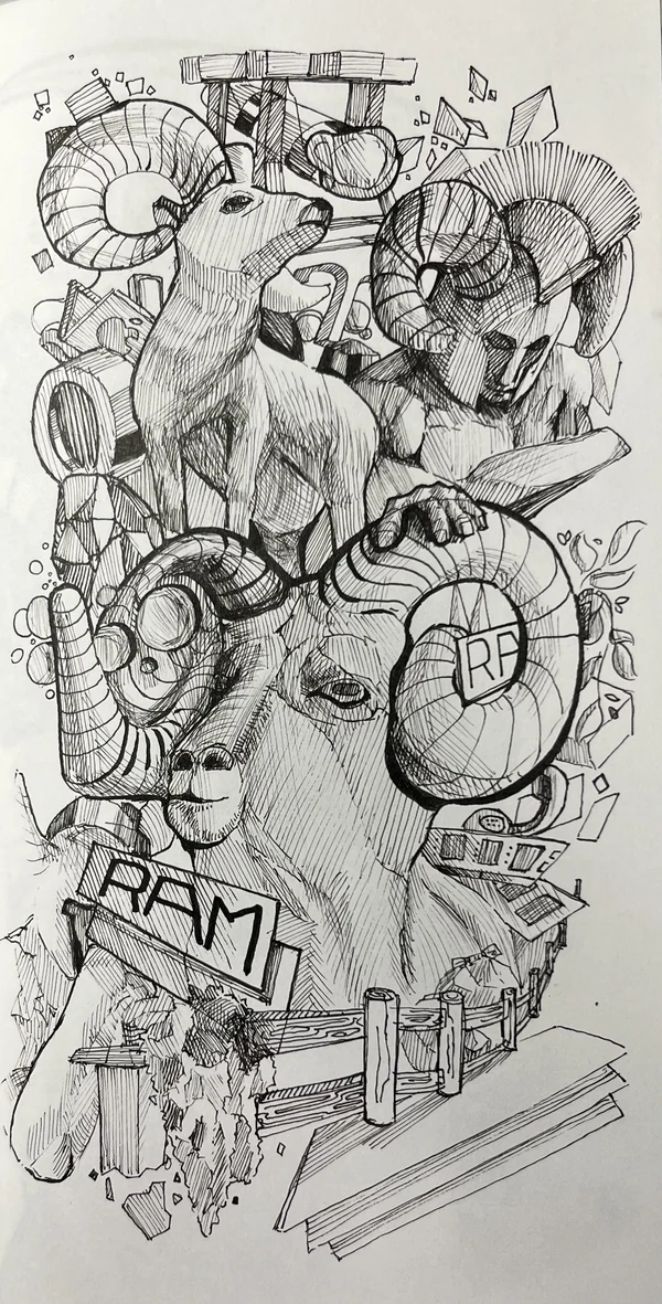 Intricate ink drawing combining rams, portraits and mechanical shapes.