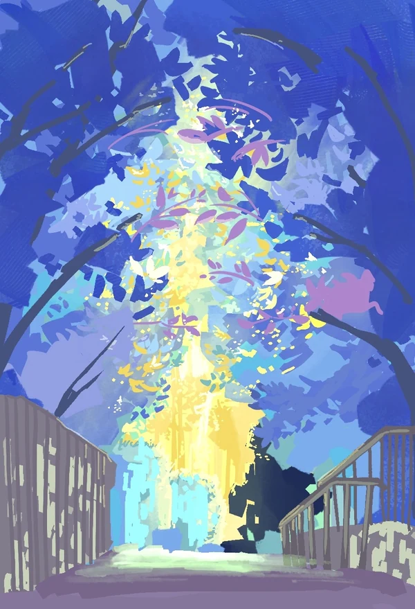 Blue and purple painting of a path leading toward golden light beneath leafy trees.