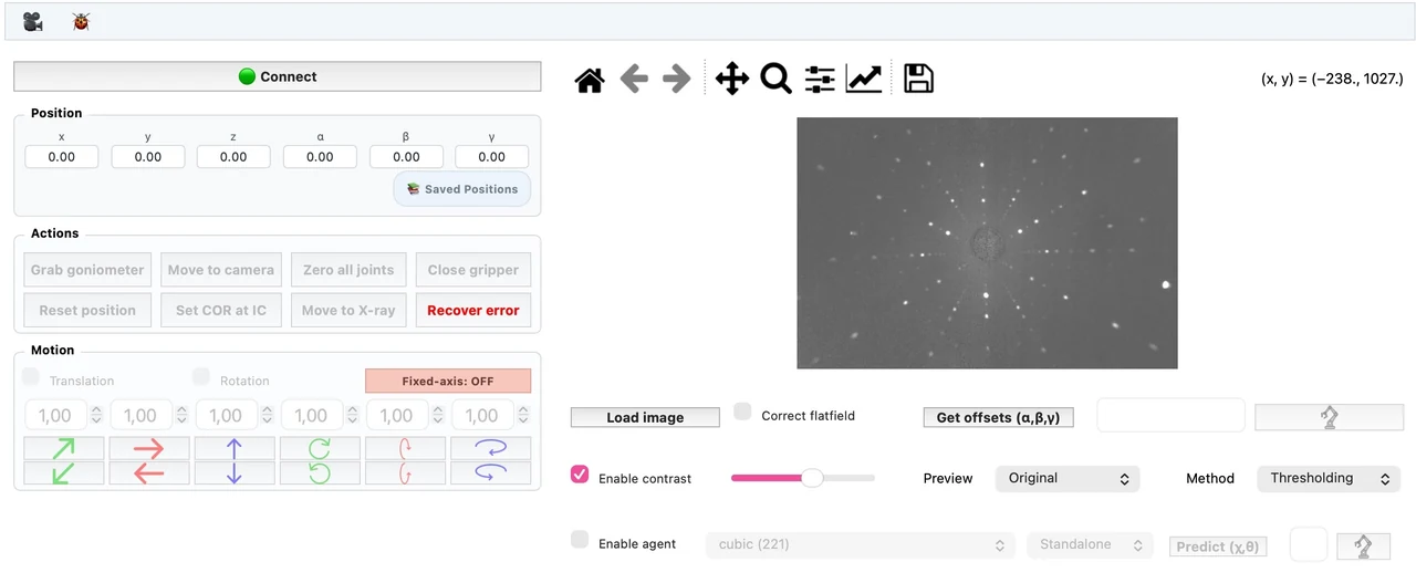 Laue Meca500 control interface with robot positioning controls, a diffraction image and camera acquisition settings.