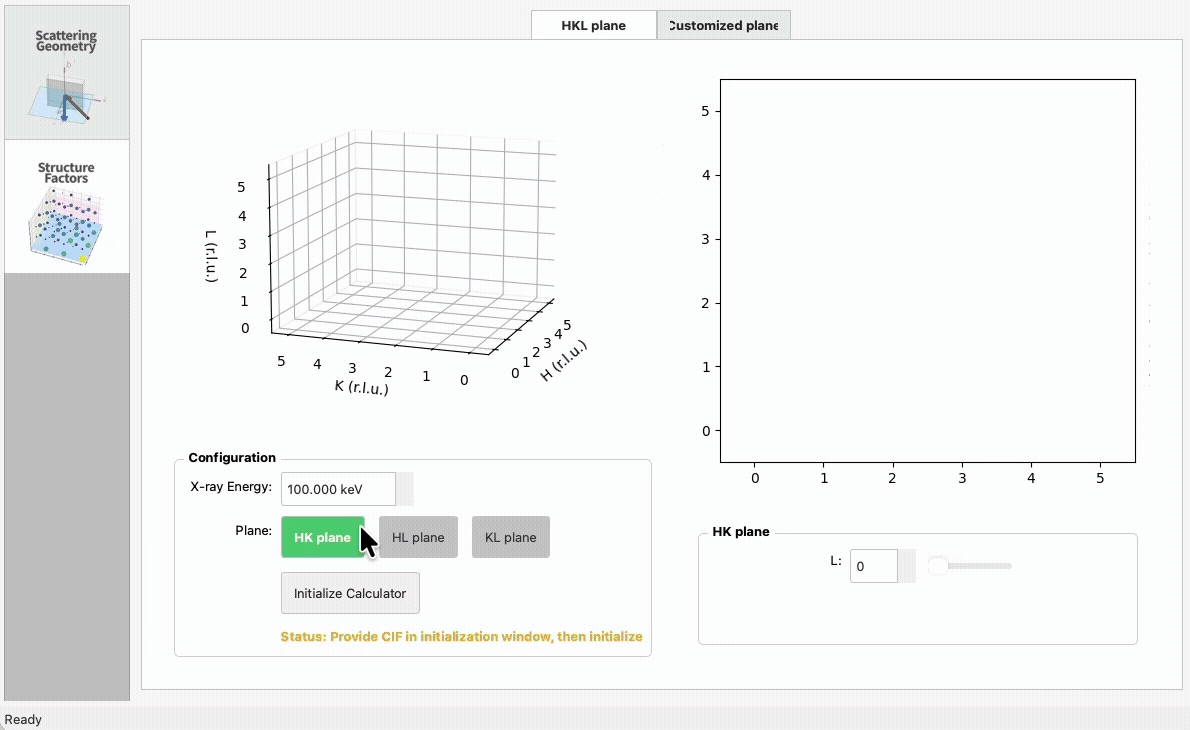 Scientific software interface showing reciprocal-space maps, crystal structure and analysis controls.