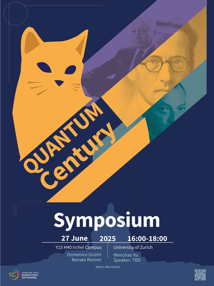 Navy and yellow Quantum Century Symposium poster with a large illustrated cat, diagonal portrait bands and event details.
