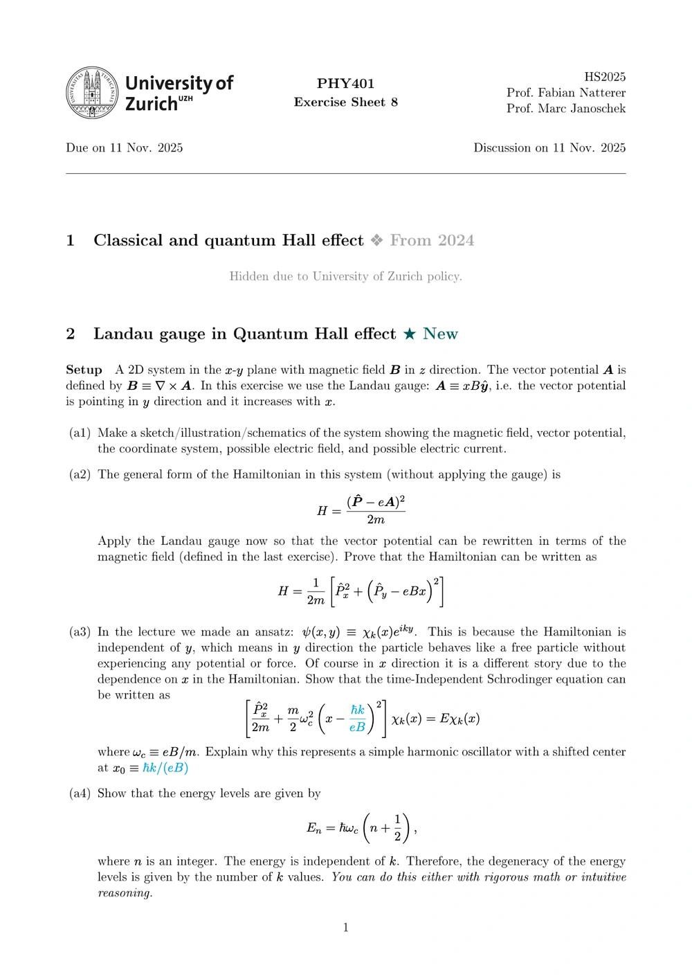 First page of PHY401 Exercise Sheet 8, with guided questions on the quantum Hall effect and Landau gauge.
